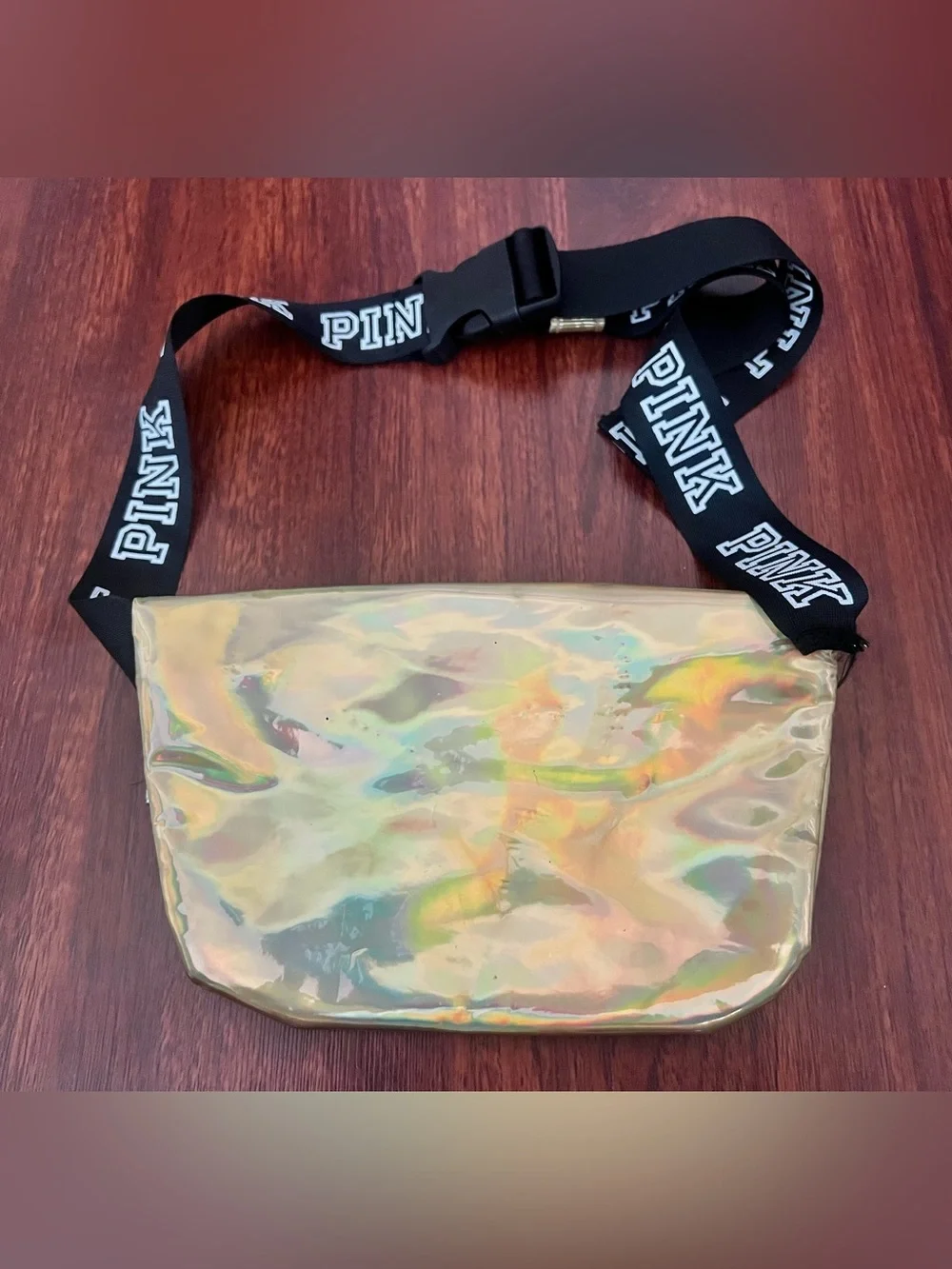 PINK Victoria's Secret Holographic Gold Belt Bag with Branded Black Strap